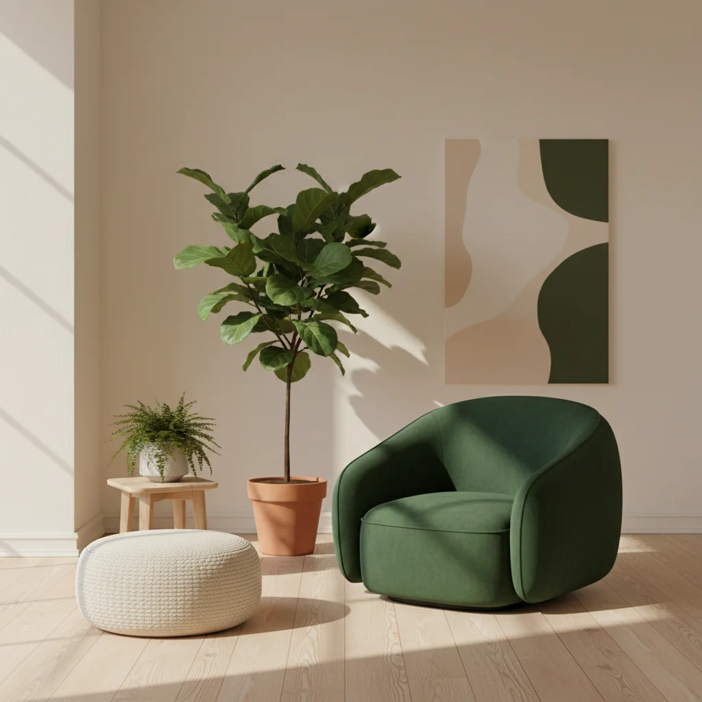 Lichte werkruimte met een notitieboek, een plant en een kopje thee op een houten bureau