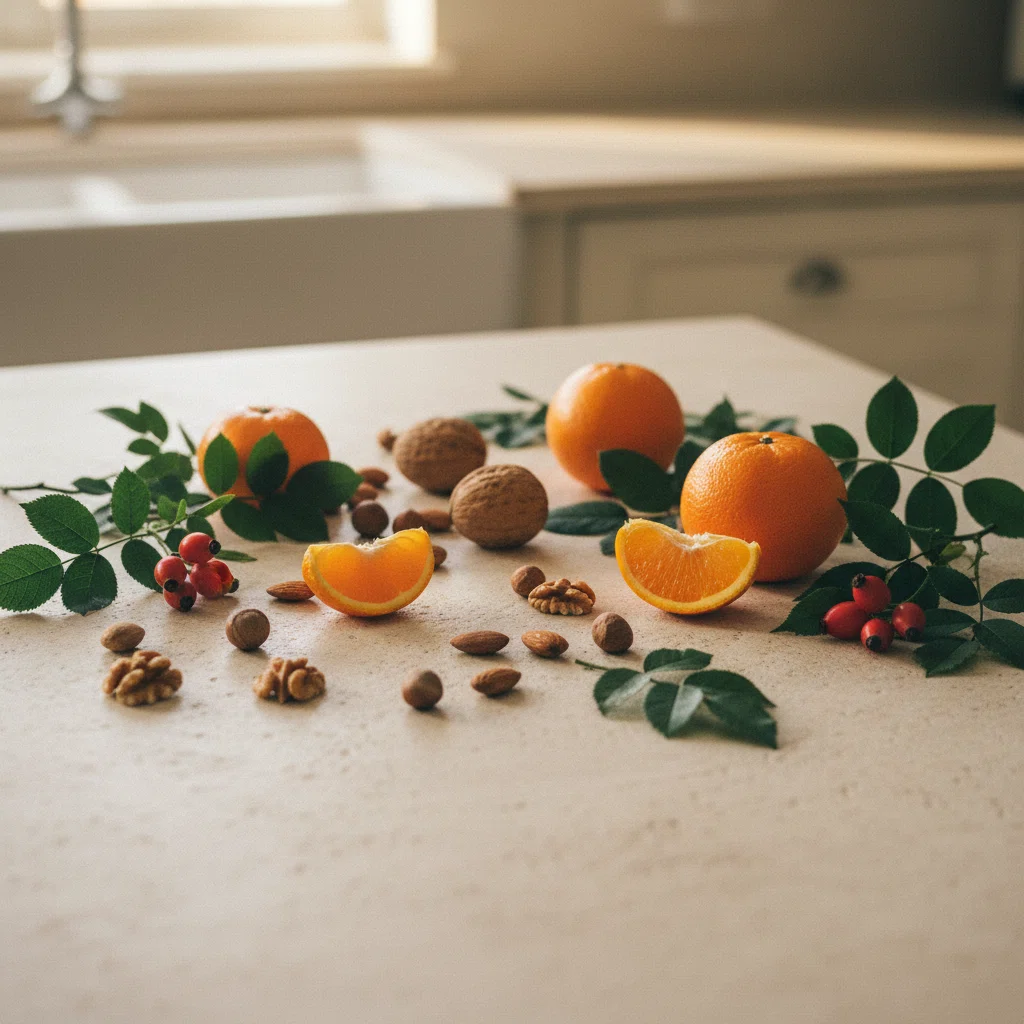 Kruiden, citrus en noten op een houten tafel - sfeerbeeld bij Vive Bloom Focus Source