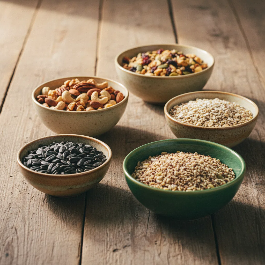 Assortiment noten, zaden en granen in kleine keramische schaaltjes op een houten tafel