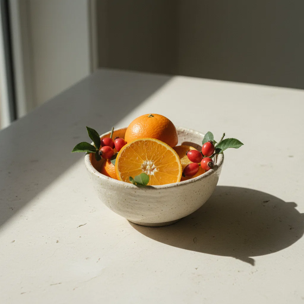 Verse sinaasappels en rozenbottels op een stenen aanrecht, natuurlijk licht